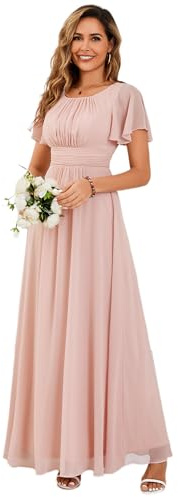 Ever-Pretty Abito Cerimonia Donna Eleganti Lungo a Maniche Corta Abito Damigella d'Onore in Chiffon Vestito Donna Elegante ES01840