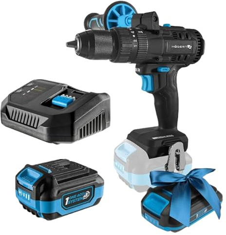 HÖGERT TECHNIK Kit perceuse à percussion brushless 18V, couple 80 Nm, batterie 4,0 Ah, chargeur 4A, éclairage LED, engrenage métallique, pour bois et métal + PROMO batterie 2,0 Ah