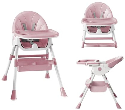XUANYU 4 en 1 Chaise Haute Evolutive pour Bébés et Enfants, Chaise à Manger Confortable avec Hauteur en 2 Positions et Angles d'Inclinaison, Chaises Pliable Stable (Rose-blanc A)