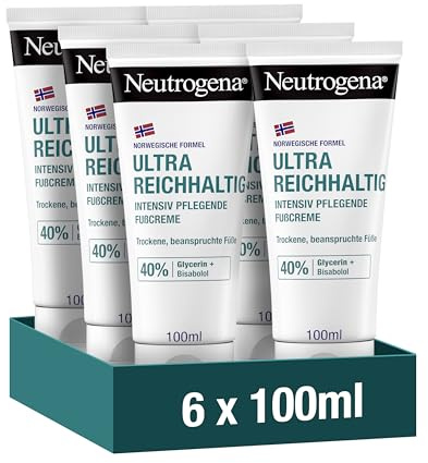Neutrogena Ultra reichhaltige und schnell einziehende Fußcreme, 6 x 100 ml | Nicht fettende Fußpflege Creme mit 40Prozent Glycerin + Bisabolol, Feuchtigkeitscreme für trockene und beanspruchte Füße