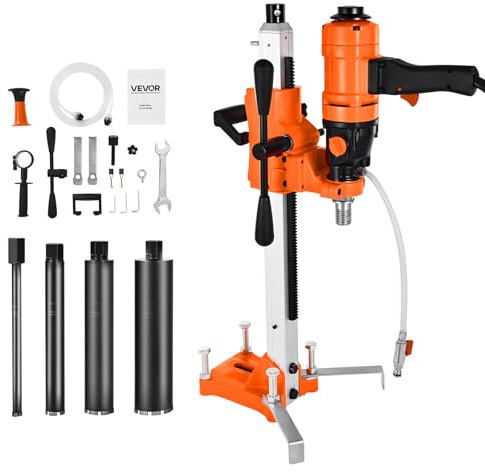 VEVOR Carotteuse à Diamant Diamètre de Perçage 200 mm, Perceuse à Béton Portative ou sur Pied 1500 W, 2 Vitesses 1000/2250 tr/min, Perçage Sèche et Humide, avec 4 Forets, pour Brique, Pierre
