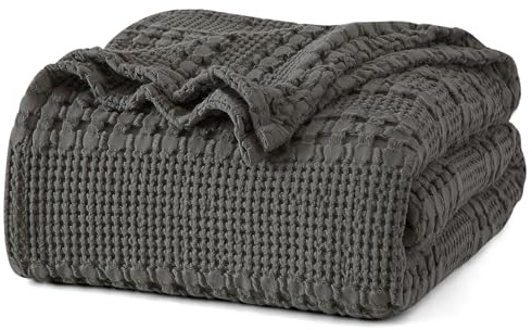 PHF 100% Cotton Waffle Weave Blanket King Size 220x240cm, Oeko-TEX Certified Pre-Washed Soft Lightweight & Breathable Throw Blanket, Luxury Aesthetic Woven Bedding for Home Decor, Charcoal Grey