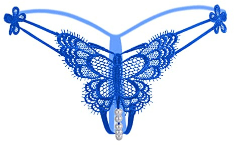 Womens Pearls Mini Bikini G-String Thongs Low Waist Underpants Lace Bowknot Beads Hollow String Cute Lingerie T Pants Blue One Size