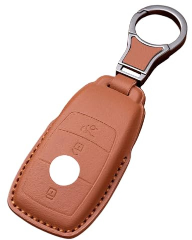 Brauner Autoschlüssel-Schutz, kompatibel mit Mercedes Benz A/B/C/E/G/S Klasse GLA GLC GLE GLK GLS CLA CLE CLS AMG E200 W177 W205 W213 3 Tasten Leder Autoschlüssel-Schutz