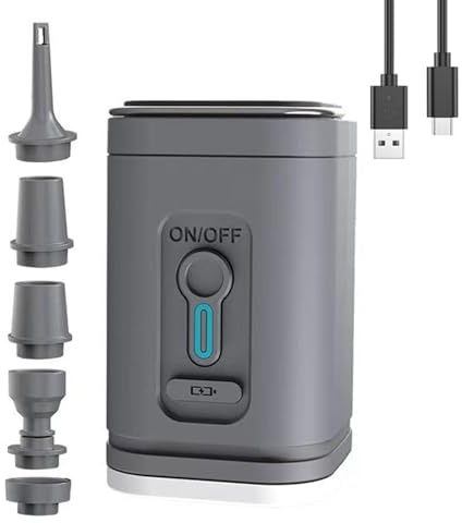 Fyearfly Bomba de aire inalámbrica, inflador eléctrico portátil con 5 boquillas, luz LED para inflado rápido, desinflado de piscina, colchón de aire, cama de aire, anillos de natación