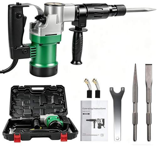 1400W SDS-Plus Martillo Demoledor 30J, 3 en 1 Martillo Eléctrico Pesado, Juego de Cinceles Eléctricos, Con Cincel Puntiagudo Y Plano, para Romper Azulejos de Piso Y Concreto de Pared Y Demolición