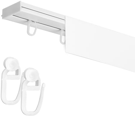 Fenster DEKOR Gardinenschiene mit Blende 1-läufig – PVC Vorhangschiene zur Deckenmontage, Deckenschiene für Vorhänge, Weiß, mit Haken mit Rolle, 150 cm