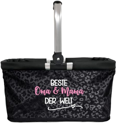 AMBERGER DESIGN by A&M Osterhage Einkaufskorb Leopard „Beste Oma & Mama der Welt“ – faltbarer Shoppingkorb Aluminiumgriff Geschenk für Mama & Oma stylische Einkaufstasche mit Spruch