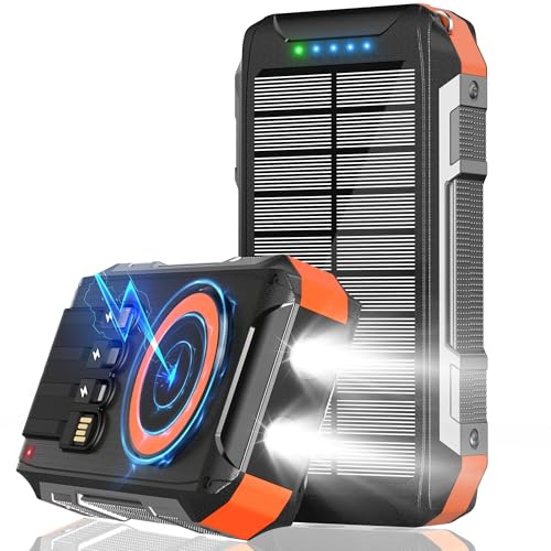 Batterie Externe Solaire avec 4 Câbles, 26800mAh Chargeur Solaire Portable sans Fil Power Bank USB-C 30W Charge Rapide 7 Sorties Power Bank avec Lampe de Poche pour l'extérieur, Le Camping