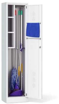 TOPRACKS Putzschrank abschließbar [180 x 38 x 42 cm] – schmaler Besenschrank aus Metall mit Schloss, Halterung & Ablagefächern – Stahlschrank für Reinigungsgeräte, Haushalt & Gewerbe (Grau)