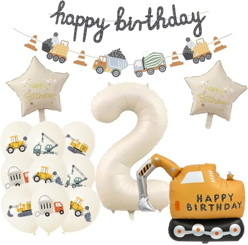 DazzJoy Bagger Geburtstagsdeko 2 Jahre Junge, Bagger Geburtstag Deko 2 Jahre, Baustellen Luftballon 2. Geburtstag Junge, Baustellen Deko Kindergeburtstag 2