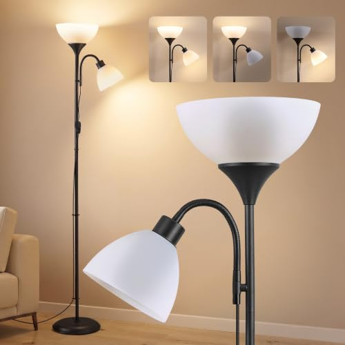 VASAGLE Deckenfluter mit Leselampe, 1,76 m, mit verstellbarem Lesearm | Stehlampe für E27 LED-Leuchtmittel geeignet, für Wohnzimmer, Schlafzimmer, Büro, Mattschwarz, LUSIA Kollektion LFL019B102
