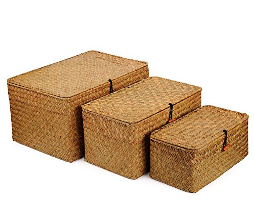 Woven Wicker Storage Bins with Lid, Seagrass Basket for Shelf Organizer, Extra Large, Set of 3