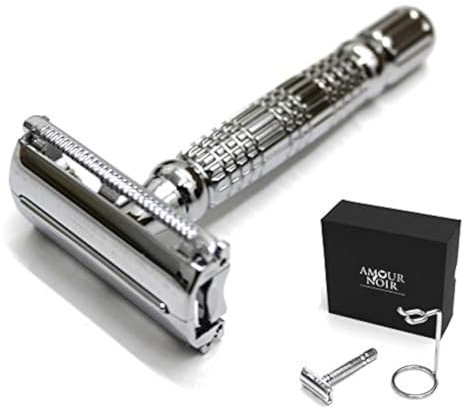 Amour Noir 1950er klassischer Vintage-Rasierhobel mit doppelschneidigem Schmetterlingsmotiv, mit Chrom-Ständer, Drehgriff-Mechanismus in luxuriöser Geschenkbox