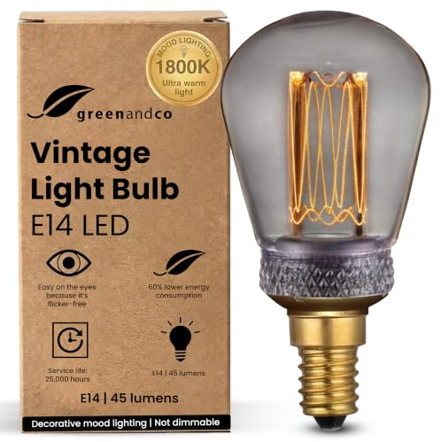 greenandco Vintage Design LED Birne zur Stimmungsbeleuchtung | E14 ST45 | smoke | 2W 45lm | 1800K extra warmweiß | 320° | 230V | flimmerfrei | nicht dimmbar | Edison Glühbirne