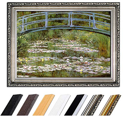 Bilderdepot24 Bild mit Rahmen - Claude Monet Die japanische Brücke 50x40 cm - Gerahmtes Leinwandbild Alte Meister - Antiker Rahmen Silber Barock, Klassisch