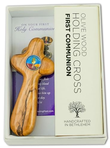 First Communion Prayer Cross for Hand – Deluxe Handcrafted Olive Wood Cross From The Holy Land, Handheld Wooden Pocket Cross w/ Certificate & Scripture Card – Girls & Boys First Holy Communion Gifts