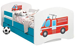 Happy Babies - Doppelseitiges KINDERBETT MIT SCHUBLADE Modernes Design mit sicheren Kanten und Absturzsicherung Schaumstoffmatratze 7 cm Blau (Feuerwehrauto, 140x70)