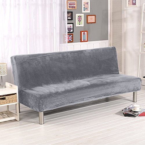 HTYG Sofabezug ohne Armlehnen-einfarbig-Dicker Plüsch-Schonbezug für Klappsofas-rutschfeste Stretch-Sofabezüge-Für Wohnzimmer Elastic Sofa Bezug (Grau)