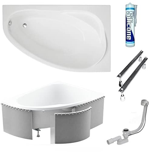 ECOLAM® Badewanne Wanne Eckwanne Eckbadewanne Acryl weiß Marea Polimat 150x100 cm RECHTS+ Styroporverkleidung 1.040 Ablaufgarnitur Ab- und Überlauf Automatik Füße Silikon Komplett-Set