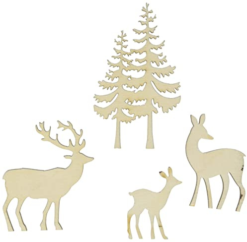 Rayher Holzmotive Hirsch/Reh/Baum, Holz FSC zertifiziert, 4-teilig, 4 – 8 cm, Stärke 5 mm, Streudeko, Holzdeko Weihnachten, 46584505, Natur