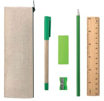 Set de escritura ecológico que incluye estuche de yute, regla de madera, sacapuntas, goma, lápiz y bolígrafo de cartón reciclado, respetuoso con el medio ambiente.
