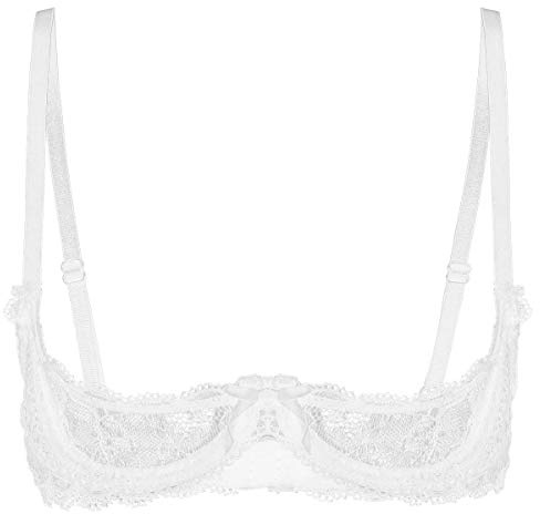 Mufeng Sujetador Abierto para Mujer Ropa Interior de Encaje Transparente Sexy Erótico Traje de Dormir con Tirantes Finos para Noche Esepcial Blanco B M