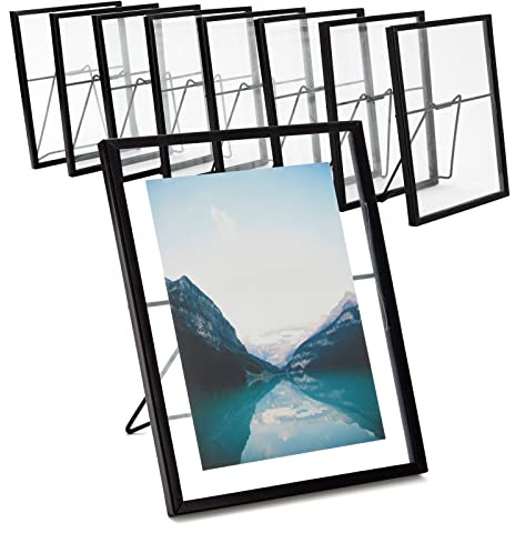 Juvale Wedding Floating Glass Picture Frames - 8-Pack, Black, 6.9 x 8.9, for 5 x 7 Photos - Hanging Picture Frames & Table Number Display - Double-Sided Glass & Easel Back
