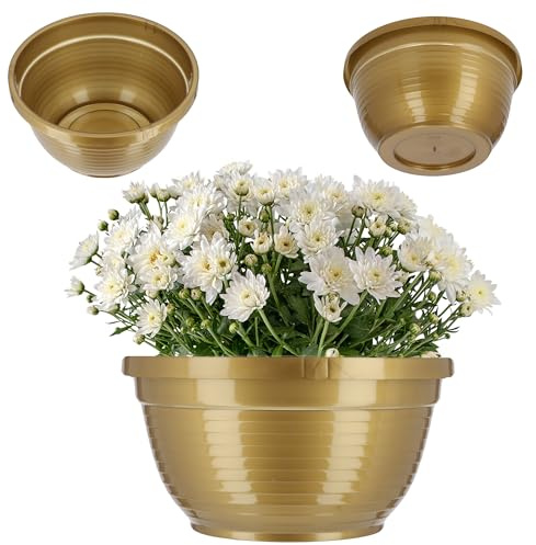 KADAX Ciotola fatta di plastica, ciotola di fiori rotondi, fioriere resistenti alle intemperie per l'esterno, guscio tomba, guscio a sfera leggera per fiori, guscio di pianta (⌀ 22,5 cm, oro)