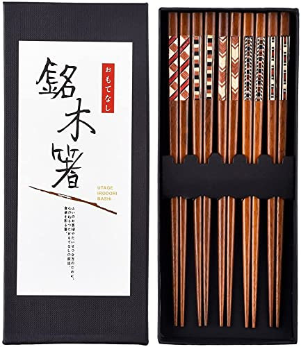HAUTOCO 5 Pairs Hardwood Chopsticks Reusable Chopstick Set for Gift, Natural Wood Japanese Chinese Minimalism Style Chop Sticks, Dishwasher Safe, 22.8cm
