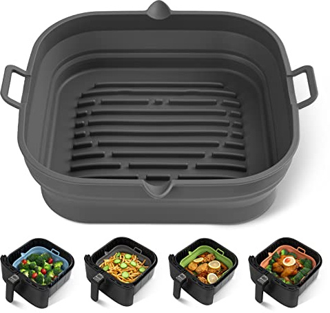 Loveuing Moldes Silicona Freidora de Aire - Bandeja Air Fryer Plegable Reutilizable - Fácil de Limpiar para Aire Fritador de 5-8L, Accesorios Airfryer, 21.6cm