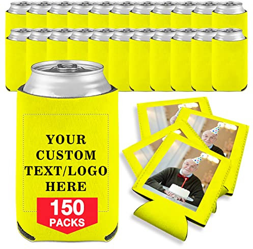 Custom Can Coolers Personalized Insulated Can Cooler Bulk Customized Beer Sleeve Collapsible Beverage Bottle Holder Text Logo Wedding Birthday Party Yellow 150 Pc