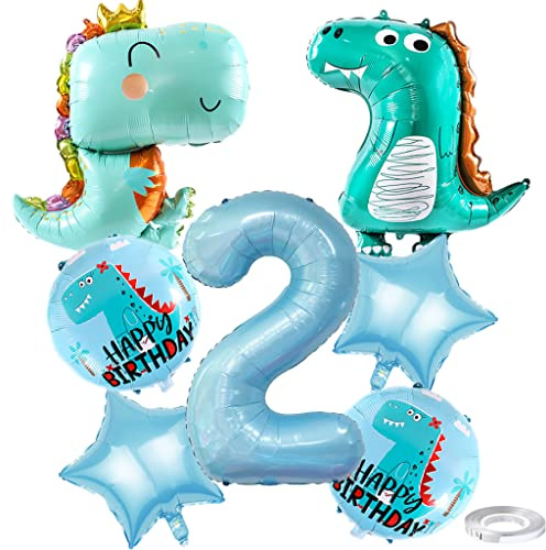 Weenkeey 2 Jahre Dinosaurier Geburtstag Dekoration Großes Dinosaurier Happy Birthday Luftballon 2. Geburtstag Dino Heliumballon Hellblau Zahl 2 Folienballon für Dino Party Junge Geburtstag Party
