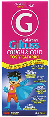 Giltuss Children's Cough and Cold Syrup, Chest Congestion, Helps You Relief Cold and Flu Symptoms, Sinus Pressure, Alcohol-Free, Sugar-Free, Non-Drowsy, Cherry Flavor, 4 Fl Oz, Bottle.