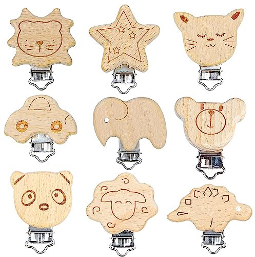 tallkeey Schnullerclip, 9 Stück Holz Schnullerkette Clip Zubehör Schnullerketten Clips Nuckelclip Baby Clip Nippel Halter für Baby