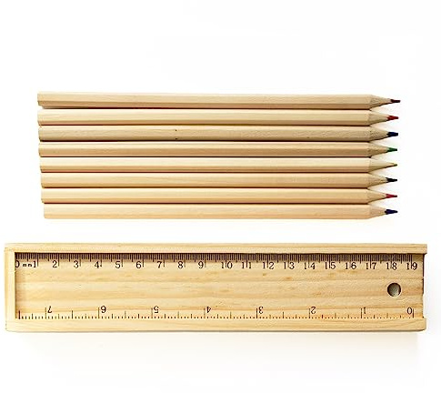 Chinchilla® Naturholz-Buntstifte STRAIGHT | 8 Stück | Angespitzt | Holzetui mit Lineal | Qualität für Kinder & Freizeit | Kreatives Malen | Lebendige Farben | Ideales Geschenk für kleine Künstler