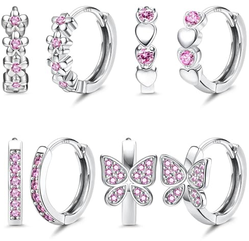 JeweBella 4 par små ringörhängen för kvinnor flickor hypoallergeniska örhängen blommor hjärta fjäril zirconia örhängen huggie ring 925 silvernålar örhängen set smycken gåva, 10 mm, Silver, Zirkon