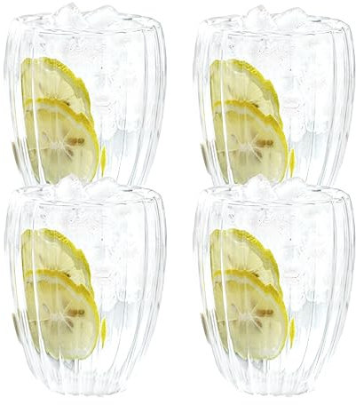 Verres à latte Macchiato - Verres à café glacés transparents à double paroi - Verre ondulé - Verre à cappuccino nervuré - Double paroi - Pour café, jus, lait et thé à bulles (350 ml x 4)