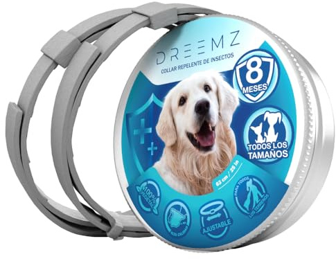 DREEMZ Collar Repelente de Insectos - Antipulgas Perros, garrapatas y Mosquitos, 8 Meses protección-63cm -100% Vegetal-Impermeable - Formatos (2 Und Gris),Packaging may vary