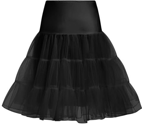 IMEKIS Damen 1950er Retro Petticoats A-Linie Rockabilly Tutu Rock mit R?schen Saum Knielang Crinoline Unterrock Halbrock Hochzeit Brautkleid Schwarz L