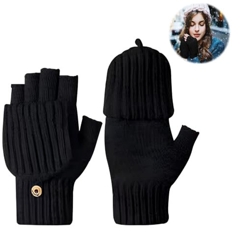 LPAMABA Halbfinger Handschuhe Damen Fingerlose Mit Flip Top Winter Fingerfreie Convertible Halbe Finger Schwarz Warme Winterhandschuhe für Herren Sport Fotografie