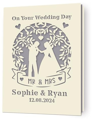 Personalised Wedding Card Gifts Mr and Mrs Gifts Laser Paper Cut Cards with Any Name & Date Congratulations Wedding Day Greeting Cards for Him Her Bride Groom Wife Husband New Couple(Grey)