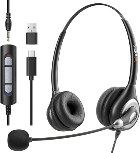 Wantek USB Headset with Microphone for PC Laptop,3.5mm/USB/Type-C Jack 3-In-1 Headphones with Noise Cancelling & Audio Controls,Teams Headset for Office,Call Center,Work,Binaural