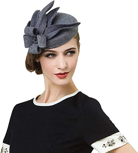 RZTA Damen Vintage 100% Wollfilz Glocke Eimer Bowler Hüte Hut Winter Vintage Schleife Fedoras Kirche Fascinator, 10-grau, Einheitsgröße