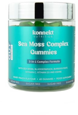 Sea Moss Complex Gummies - 3000mg Sea Moss, Bladderwrack, Burdock Root, Iodine, Vitamin C - Vegan, Halal, Gluten Free - 6-in-1 Energy, Focus, Immune & Gut Support, Honey Peach Flavour (1 Month Supply)
