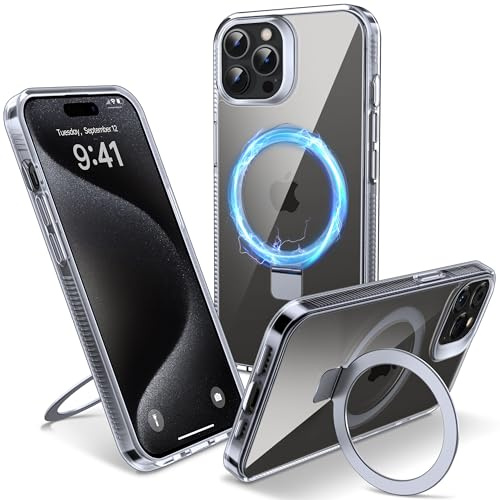 Flyzoo Cover Magnetica per iPhone 15 Pro con Supporto Stand ad Anello, [Protezione Antilngiallimento & Antiurto] Custodia Trasparente Posteriore Hard PC Case con Silicone Bordo, 6.1'', Clear