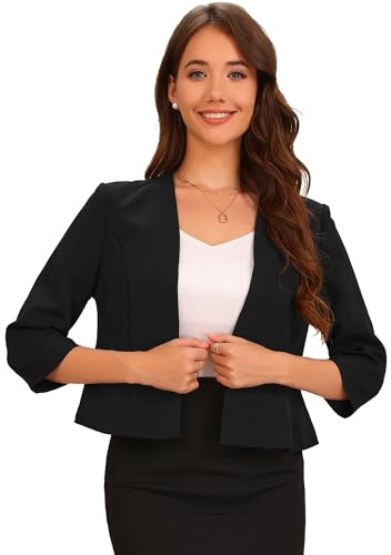 Allegra K Damkavaj, kort, festlig, kavaj, öppen framsida, utan krage, 3/4-ärmar, västliknande, business, arbete, elegant, kostymjacka, svart, L