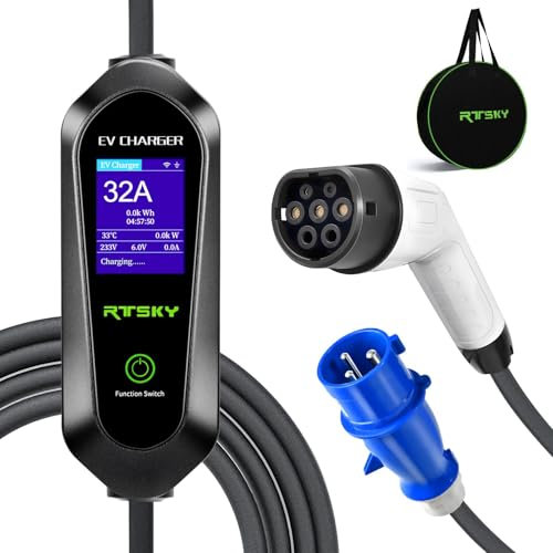 RTSKY Mobile Wallbox 7kW Ladekabel CEE 32a Auf Typ 2 Ladekabel Elektroauto Typ 2, 5M 1-phasig, 8-32A EV Chargers mit Digitalanzeige für Elektroauto, EV Ladegerät