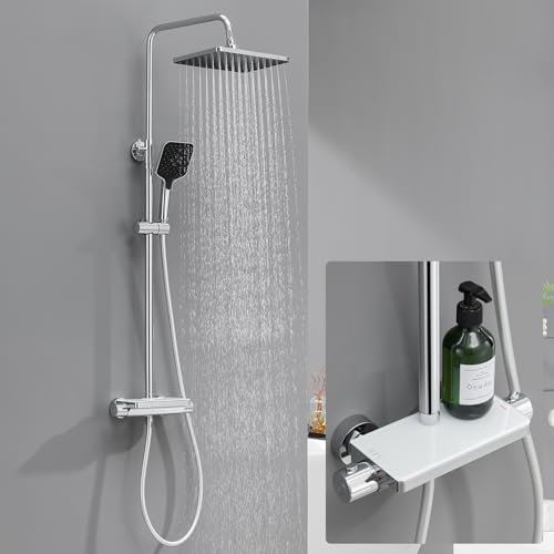 Lonheo Columna Ducha Termostatica, Grifo Ducha con Repisa, Alcachofa de Ducha Lluvia 30x19cm, Cabezal Ducha de Mano 3 Modos, Duchas de Baño Columna Altura Regulable 88-124cm, Cromado