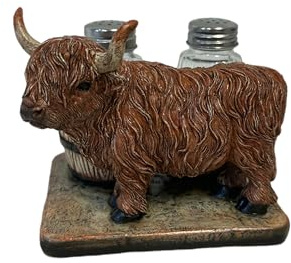 De Leon Collections Salt and Pepper Shaker Set With Decorative Holder, 5 Inch Polyresin and Glass, Highland Cow